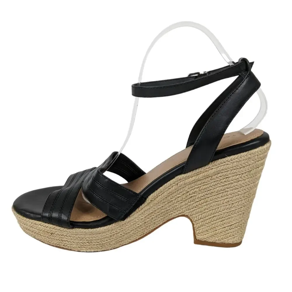 Torrid Womens Espadrille Heels 11 Strappy Jute Wedge Heels Black Straps Sandals